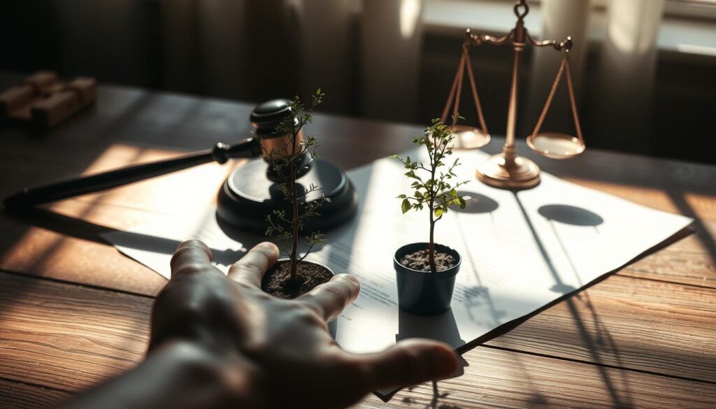 A legal document with a gavel and scales of justice resting on a wooden table, casting long shadows in dramatic sidelighting. In the foreground, a hand reaches towards a small potted tree, symbolizing the consequences of illegal tree removal. The background is blurred, emphasizing the gravity of the legal situation. The overall mood is somber and foreboding, conveying the serious nature of the subject matter.