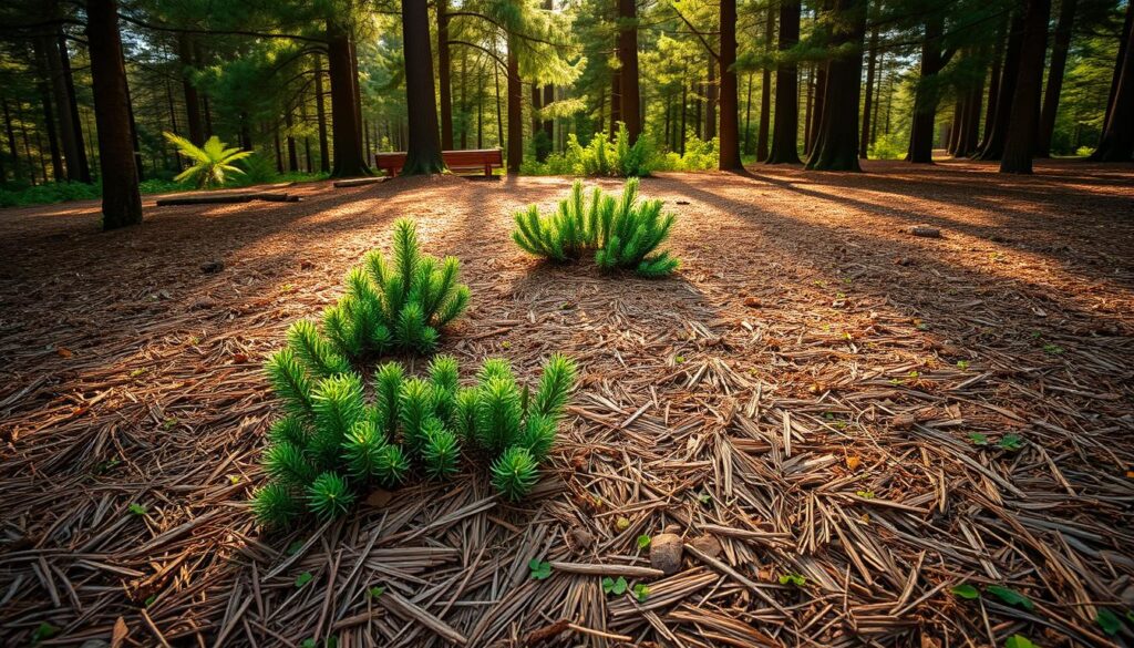 A lush evergreen forest floor covered in a thick, soft layer of pine needles. The sharp, fragrant needles are neatly arranged, creating a natural mulch that covers the soil. Dappled sunlight filters through the canopy above, casting a warm, golden glow over the scene. In the foreground, healthy plants and shrubs are nestled within the pine needle blanket, their roots protected and nourished. The overall atmosphere is serene, peaceful, and inviting, showcasing the benefits of using this sustainable, organic material to enrich and insulate the garden.