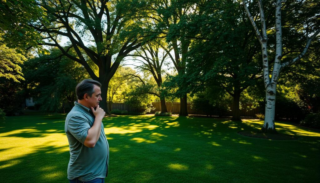 A lush green backyard with a variety of mature trees casting dappled shadows across the well-manicured lawn. In the foreground, a homeowner stands, hand on chin, contemplating which trees to remove. The midground showcases the diverse foliage, ranging from towering oaks to slender birches. Warm, golden afternoon sunlight filters through the canopy, creating a serene and contemplative atmosphere. The background blurs softly, hinting at the surrounding neighborhood. The composition draws the viewer's eye towards the central figure, inviting them to consider the dilemma of tree removal on one's own property.