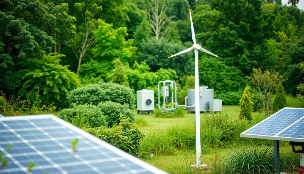 A lush, verdant landscape with a focus on sustainable solutions for utility infrastructure on a residential plot. In the foreground, solar panels and a small wind turbine provide clean energy. In the middle ground, a rainwater harvesting system and a greywater recycling unit are visible. The background features dense greenery, including native trees and shrubs, creating a natural, eco-friendly atmosphere. The lighting is soft and diffused, evoking a serene, tranquil mood. The camera angle is slightly elevated, capturing the integration of these alternative systems into the overall plot design. The image conveys a sense of environmental harmony and responsible land development.