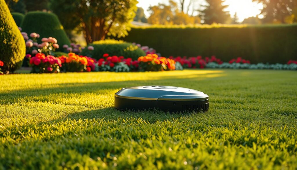 A lush, verdant lawn with a sleek, robotic lawnmower effortlessly gliding across the grass, its smooth, metallic body gleaming in the warm, golden sunlight. The robot's advanced sensors and precise movements ensure an immaculately trimmed surface, while its compact, streamlined design blends seamlessly into the natural landscape. In the background, vibrant flower beds and neatly pruned hedges create a picturesque, well-manicured garden setting, conveying a sense of modern, automated efficiency harmoniously integrated with the beauty of nature. The scene radiates a serene, peaceful atmosphere, hinting at the future of effortless lawn care that these robotic mowers represent. A lush, verdant lawn with a sleek, robotic lawnmower effortlessly gliding across the grass, its smooth, metallic body gleaming in the warm, golden sunlight. The robot's advanced sensors and precise movements ensure an immaculately trimmed surface, while its compact, streamlined design blends seamlessly into the natural landscape. In the background, vibrant flower beds and neatly pruned hedges create a picturesque, well-manicured garden setting, conveying a sense of modern, automated efficiency harmoniously integrated with the beauty of nature. The scene radiates a serene, peaceful atmosphere, hinting at the future of effortless lawn care that these robotic mowers represent.