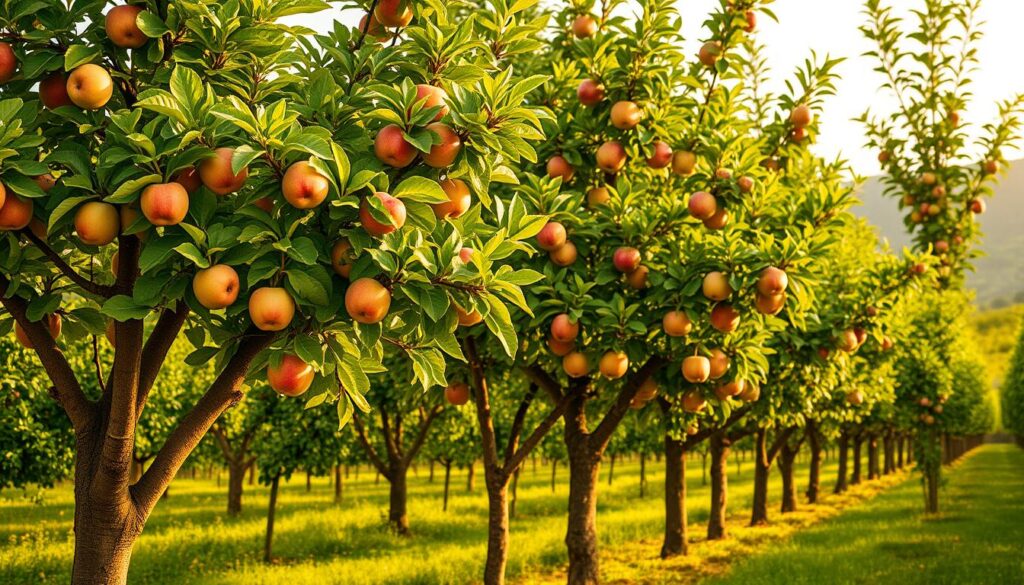 A lush, vibrant orchard of disease-resistant apple trees in a warm, golden afternoon light. The foreground features several mature trees with thick, healthy trunks and an abundance of green, glossy leaves. Their branches are laden with a variety of ripe, juicy apples in shades of red, yellow, and green. The middle ground showcases younger, thriving trees with a similar robust foliage. In the background, the orchard extends into the distance, creating a sense of depth and tranquility. The scene is illuminated by a soft, diffused lighting that accentuates the natural textures and colors of the trees and their fruit. An idyllic, pesticide-free vision of a bountiful, disease-resistant apple orchard.