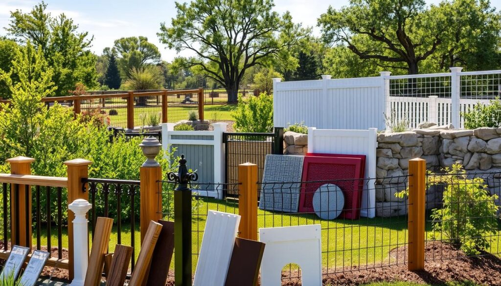 A lush, well-lit landscape showcasing an array of materials commonly used for fencing and enclosures. In the foreground, a selection of wooden posts, metal railings, and decorative wrought-iron components stand prominently, highlighting their textures and finishes. In the middle ground, various fencing panels, such as woven wire mesh, PVC panels, and stone walls, are arranged to demonstrate their visual and functional characteristics. The background features a tranquil, natural setting, with trees and shrubbery providing a harmonious backdrop, suggesting how these materials would integrate into a residential or rural environment. The overall scene conveys a sense of quality, durability, and design versatility to help the viewer envision the possibilities for their own property.