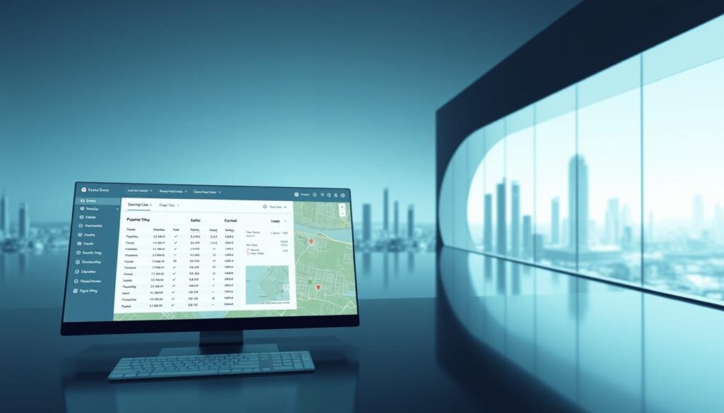A modern, sleek digital interface showcasing seamless access to land registry records. In the foreground, a minimalist dashboard with crisp typography and intuitive controls, allowing users to effortlessly search and retrieve property data. The middle ground features a large, high-resolution map of the local area, with parcel boundaries and property details overlaid, creating a comprehensive visualization. In the background, a subtle, futuristic cityscape with sleek, glass-and-steel buildings, symbolizing the integration of advanced technology into the fabric of urban infrastructure. The scene is bathed in a soft, cool lighting, conveying a sense of efficiency, professionalism, and technological sophistication.
