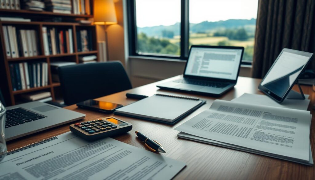 A neatly organized desk with various office supplies, including a pen, calculator, and stack of documents. A laptop and tablet are also present, displaying digital document drafts. Warm, indirect lighting casts a soft glow, creating a professional yet inviting atmosphere. In the background, a bookshelf filled with reference materials and a large window overlooking a scenic landscape. The scene conveys a sense of diligence and attention to detail as the subject prepares the necessary documents for the sale of a plot of land.