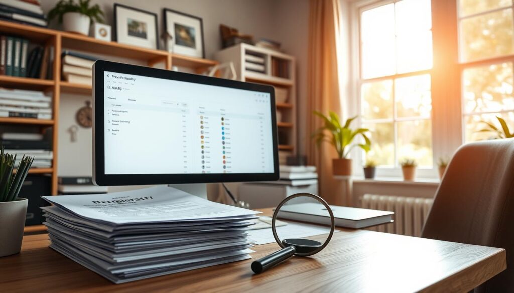 A neatly organized home office with a desktop computer, a stack of documents, and a magnifying glass. The room is bathed in warm, natural lighting from a large window. On the computer screen, a property registry database is displayed, indicating the search for a land registry number. The atmosphere is one of focused research and investigation, with a sense of purpose and attention to detail. The overall composition emphasizes the process of finding and verifying a land registry number.