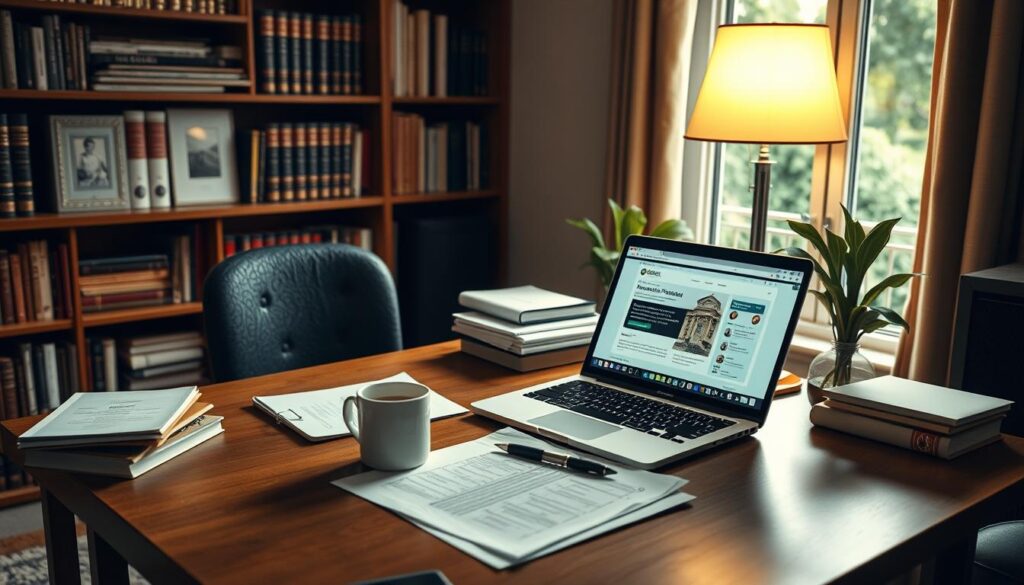 A neatly organized home office, with a wooden desk and a laptop displaying various web browser tabs. On the desk, a stack of papers, a pen, and a cup of coffee. Bookshelves line the walls, filled with volumes on legal and financial topics. Soft, warm lighting from a table lamp creates a cozy, focused atmosphere. Through a window, a glimpse of a lush, green outdoor landscape, hinting at the broader context of the property search. The overall scene conveys a sense of research, inquiry, and diligence in investigating the property's financial status.