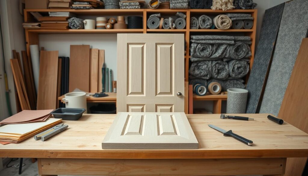 A neatly organized workbench in a well-lit workshop, showcasing an array of tools and materials for preparing a door for wrapping. In the foreground, a freshly sanded door panel rests on a sturdy workbench, surrounded by sandpapers, a paint scraper, and a roller tray. In the middle ground, a collection of adhesive tapes, a utility knife, and a squeegee stand ready for the wrapping process. The background features shelves stocked with a variety of textured wrapping materials, hinting at the infinite design possibilities. The overall scene exudes a sense of order and preparedness, reflecting the careful attention to detail required for a successful door transformation.