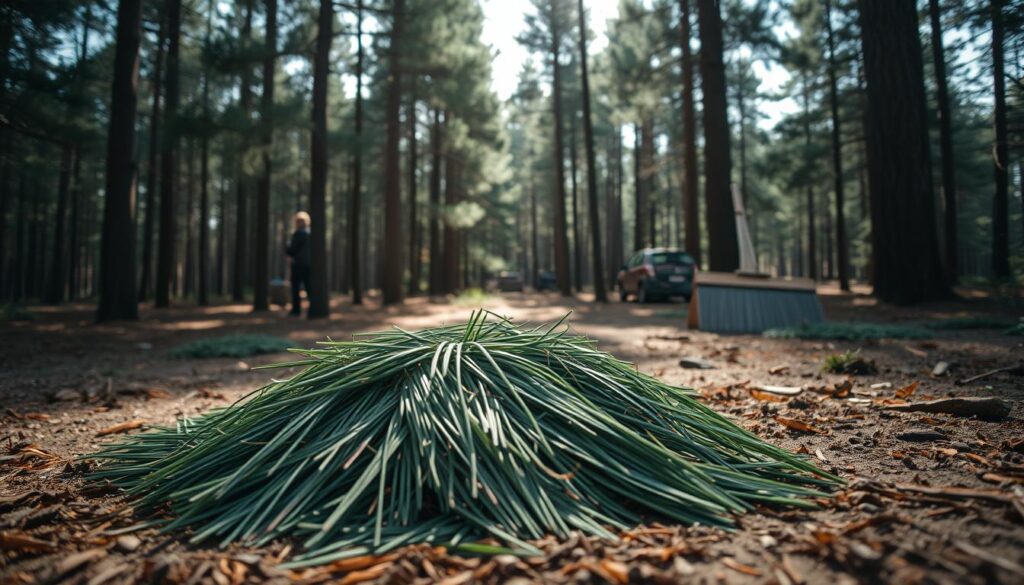 A peaceful forest clearing, sunlight filtering through the pine trees. In the foreground, a pile of freshly gathered pine needles, their deep green hues contrasting with the warm earth tones. Nearby, a person carefully sweeping the ground, gathering the fallen needles into a neat heap. The scene has a sense of tranquility and purpose, as if the person is finding a practical use for the natural abundance around them. The lighting is soft and natural, creating a serene atmosphere. The camera angle is slightly elevated, allowing the viewer to take in the full scene and appreciate the simple yet satisfying task at hand.