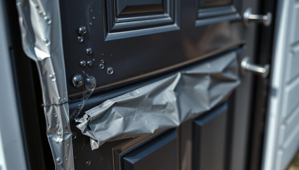 A poorly installed door wrap with visible bubbles, uneven edges, and misaligned panels. The foreground showcases the botched application, with sloppy overlaps and peeled corners. The middle ground features a close-up of a wrinkled section, highlighting the lack of attention to detail. The background blurs out, leaving the viewer's focus solely on the flawed door transformation. The lighting is harsh, casting shadows that accentuate the imperfections. The overall tone conveys a sense of disappointment and the need for a more careful, professional approach to door refurbishing.
