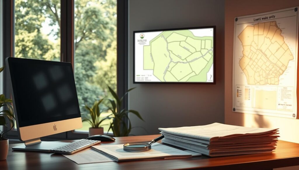A serene home office setting, with a desktop computer, stack of documents, and a magnifying glass prominently displayed. The lighting is warm and natural, filtering in through large windows overlooking a lush, verdant property. In the background, a cadastral map of the land is visible on a wall-mounted display, indicating the boundaries and ownership details of the plot. The overall atmosphere conveys a sense of diligence, attention to detail, and a commitment to thoroughly verifying the status of the property before making a purchase decision.
