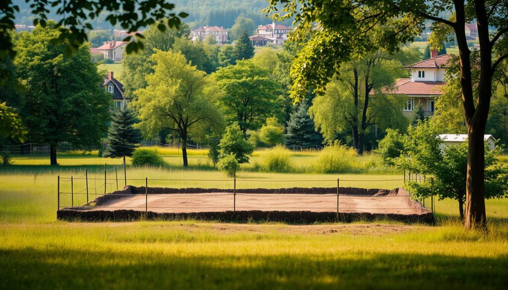 A serene landscape with a focus on a parcel of undeveloped land, representing a building plot. The foreground showcases the plot's perimeter, with clear boundaries and a well-maintained fence. The middle ground features lush greenery, including flourishing trees and vibrant foliage, creating a natural and tranquil atmosphere. The background subtly hints at the presence of residential or commercial structures, suggesting the plot's context within a larger urban or suburban setting. The lighting is soft and diffused, casting a warm glow over the scene and highlighting the plot's potential for development. The overall composition conveys a sense of contemplation and consideration, alluding to the complex taxation principles surrounding the sale and ownership of such a building plot.