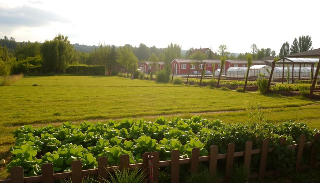 A serene outdoor scene showcasing the key differences between a recreational plot (działka rekreacyjna) and an allotment garden (ROD). In the foreground, a well-tended vegetable garden with rows of lush produce, surrounded by a low wooden fence, contrasting with a more open, grassy recreational plot in the middle ground. In the background, a neatly arranged allotment with small sheds and greenhouses, their vibrant colors and orderly layout distinct from the casual, open layout of the recreational area. Warm, diffused sunlight filters through wispy clouds, creating a tranquil, contemplative atmosphere that invites the viewer to appreciate the unique characteristics of these two types of outdoor spaces. A serene outdoor scene showcasing the key differences between a recreational plot (działka rekreacyjna) and an allotment garden (ROD). In the foreground, a well-tended vegetable garden with rows of lush produce, surrounded by a low wooden fence, contrasting with a more open, grassy recreational plot in the middle ground. In the background, a neatly arranged allotment with small sheds and greenhouses, their vibrant colors and orderly layout distinct from the casual, open layout of the recreational area. Warm, diffused sunlight filters through wispy clouds, creating a tranquil, contemplative atmosphere that invites the viewer to appreciate the unique characteristics of these two types of outdoor spaces.