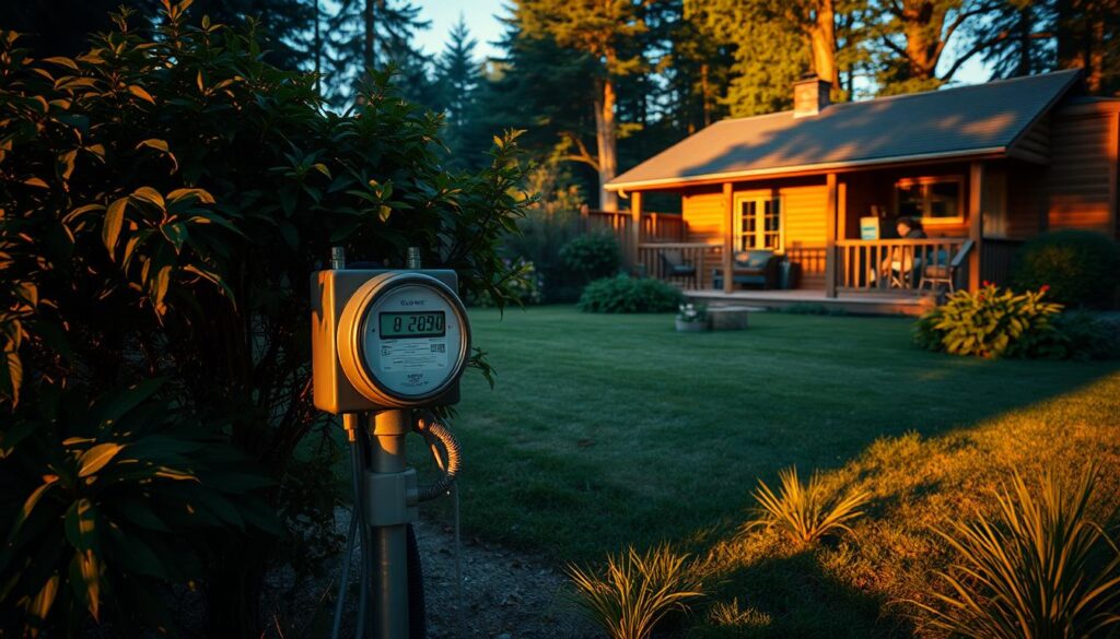 A serene recreational plot bathed in warm evening light, the electric meter situated prominently, surrounded by lush foliage and a tidy garden. The meter's digital display clearly shows the energy consumption, conveying the costs associated with powering this rustic retreat. The scene is captured from a low angle, emphasizing the centrality of the meter and the tranquil ambiance of the setting. Soft shadows elongate across the well-tended grounds, lending a sense of peaceful contemplation to the tableau. The image should evoke the practical realities of maintaining power on a recreational property while preserving the idyllic charm of the location. A serene recreational plot bathed in warm evening light, the electric meter situated prominently, surrounded by lush foliage and a tidy garden. The meter's digital display clearly shows the energy consumption, conveying the costs associated with powering this rustic retreat. The scene is captured from a low angle, emphasizing the centrality of the meter and the tranquil ambiance of the setting. Soft shadows elongate across the well-tended grounds, lending a sense of peaceful contemplation to the tableau. The image should evoke the practical realities of maintaining power on a recreational property while preserving the idyllic charm of the location.