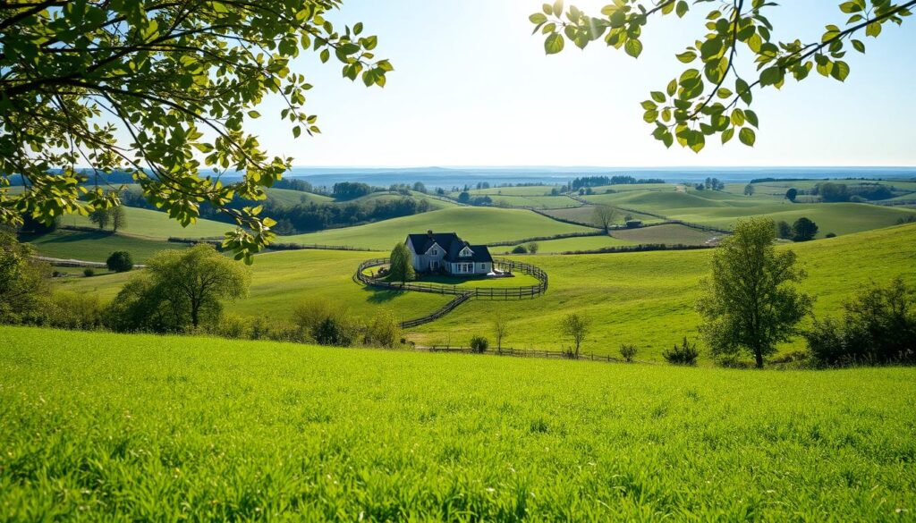 A serene, sun-dappled landscape with a lush, verdant meadow in the foreground. In the middle ground, a picturesque, well-maintained family home nestled among rolling hills, surrounded by a neatly fenced property. In the background, a distant horizon line where a clear blue sky meets the earth. The scene exudes a sense of tranquility and the comforts of home ownership, conveying the benefits of knowing one's property details, including the parcel number.