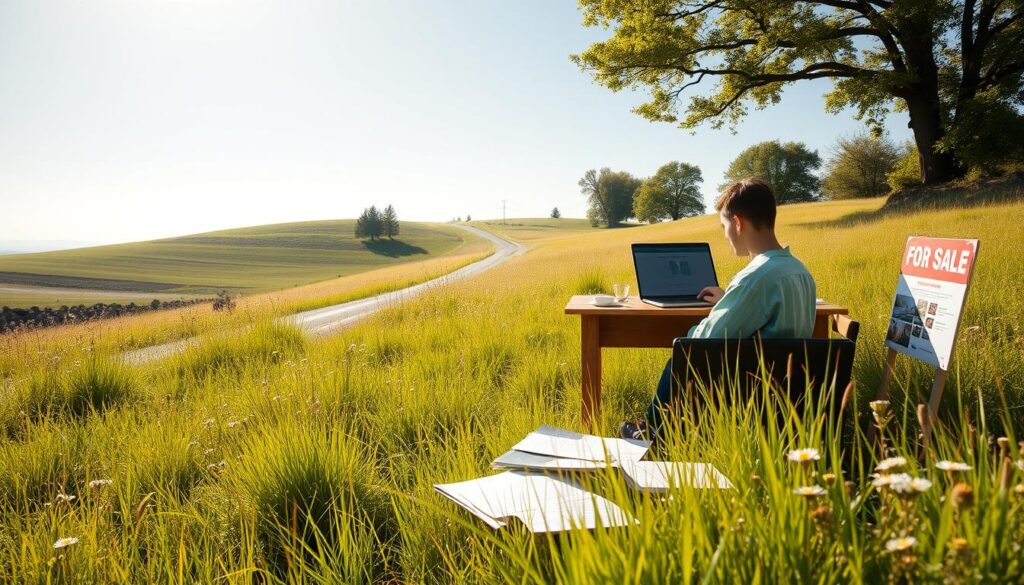 A serene, sun-dappled meadow, lush with verdant grass and wildflowers. In the foreground, a person sitting at a wooden desk, laptop open, intently focused on the screen. Alongside the desk, an array of real estate materials - brochures, documents, and a "For Sale" sign. The middle ground features a tranquil country road leading into the distance, with rolling hills and a few scattered trees in the background. The lighting is warm and natural, creating a sense of comfort and productivity. The overall scene conveys the ease and efficiency of selling a plot of land online, from the comfort of one's own outdoor workspace. A serene, sun-dappled meadow, lush with verdant grass and wildflowers. In the foreground, a person sitting at a wooden desk, laptop open, intently focused on the screen. Alongside the desk, an array of real estate materials - brochures, documents, and a "For Sale" sign. The middle ground features a tranquil country road leading into the distance, with rolling hills and a few scattered trees in the background. The lighting is warm and natural, creating a sense of comfort and productivity. The overall scene conveys the ease and efficiency of selling a plot of land online, from the comfort of one's own outdoor workspace.