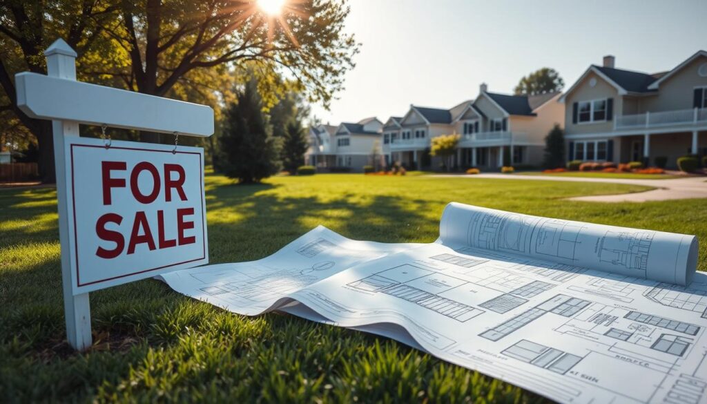 A serene, sun-dappled scene of a residential neighborhood, with a focus on a well-manicured, expansive plot of land. The foreground features a "For Sale" sign prominently displayed, hinting at the cost associated with preparing the plot for construction. In the middle ground, detailed schematics and blueprints are scattered, representing the technical considerations and planning required for utility hookups, landscaping, and other site infrastructure. The background showcases a mix of modern and traditional homes, suggesting the diverse architectural styles that may influence the final design and cost of the lot's development. The overall mood is one of thoughtful contemplation, as the viewer is invited to consider the various financial factors involved in preparing a buildable parcel of land.