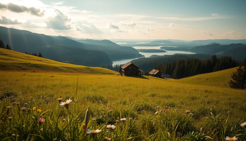 A serene, sunlit landscape with a lush meadow in the foreground, dotted with wildflowers. In the middle ground, a quaint, rustic wooden house nestled among rolling hills. In the background, a panoramic view of a tranquil lake, surrounded by a dense forest. The scene exudes a sense of tranquility and natural beauty, inviting the viewer to consider the ideal platform to showcase this picturesque property for sale. Soft, warm lighting filters through wispy clouds, casting a golden glow over the entire composition. The camera angle is slightly elevated, providing a comprehensive overview of the scene. A serene, sunlit landscape with a lush meadow in the foreground, dotted with wildflowers. In the middle ground, a quaint, rustic wooden house nestled among rolling hills. In the background, a panoramic view of a tranquil lake, surrounded by a dense forest. The scene exudes a sense of tranquility and natural beauty, inviting the viewer to consider the ideal platform to showcase this picturesque property for sale. Soft, warm lighting filters through wispy clouds, casting a golden glow over the entire composition. The camera angle is slightly elevated, providing a comprehensive overview of the scene.