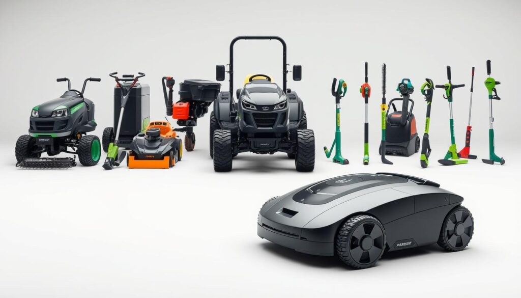A sleek and modern lineup of high-tech gardening machines stands proudly in a crisp, well-lit studio setting. In the foreground, a state-of-the-art robotic lawn mower glides silently, its sharp blades and smooth, streamlined design hinting at its efficient and precise mowing capabilities. In the middle ground, a versatile multi-tool garden tractor with an array of interchangeable attachments takes center stage, its powerful engine and rugged build promising effortless and comprehensive lawn and garden maintenance. In the background, a fleet of innovative electric hedge trimmers, leaf blowers, and pruning shears showcase the latest advancements in cordless, emission-free garden tools, their compact forms and sleek aesthetic exuding a sense of modern sophistication. The overall scene conveys a vision of the future of gardening - efficient, environmentally-conscious, and elegantly designed. A sleek and modern lineup of high-tech gardening machines stands proudly in a crisp, well-lit studio setting. In the foreground, a state-of-the-art robotic lawn mower glides silently, its sharp blades and smooth, streamlined design hinting at its efficient and precise mowing capabilities. In the middle ground, a versatile multi-tool garden tractor with an array of interchangeable attachments takes center stage, its powerful engine and rugged build promising effortless and comprehensive lawn and garden maintenance. In the background, a fleet of innovative electric hedge trimmers, leaf blowers, and pruning shears showcase the latest advancements in cordless, emission-free garden tools, their compact forms and sleek aesthetic exuding a sense of modern sophistication. The overall scene conveys a vision of the future of gardening - efficient, environmentally-conscious, and elegantly designed.