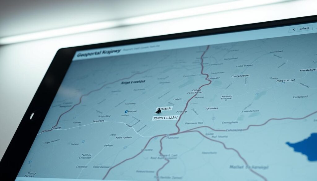 A sleek, modern digital map interface showcasing the Geoportal Krajowy, Poland's comprehensive national geospatial data platform. The screen displays a detailed topographical map with clearly labeled roads, landmarks, and property boundaries. In the foreground, a cursor hovers over a specific land parcel, highlighting its unique identification number. The interface has a clean, minimalist design with muted tones, allowing the map data to take center stage. Soft, directional lighting illuminates the screen, creating a sense of depth and clarity. The overall mood conveys the Geoportal's role as a powerful, user-friendly tool for accessing crucial land information.