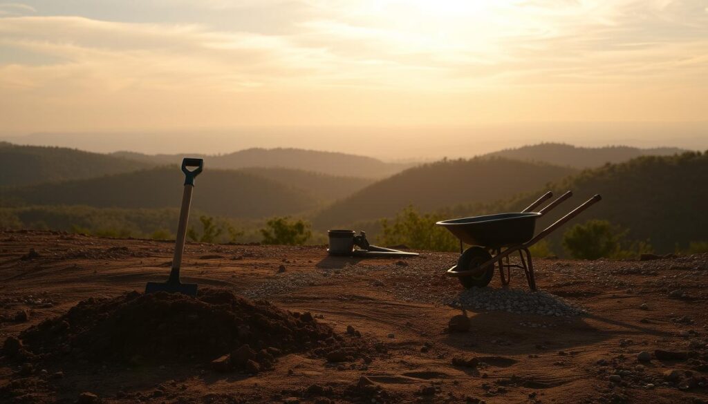 A sloping terrain, a gradual incline, with earth and gravel scattered across the uneven surface. In the foreground, a shovel and a wheelbarrow stand ready, hinting at the task at hand. The middle ground reveals a landscape of rolling hills, dotted with lush vegetation, bathed in warm, golden sunlight filtering through wispy clouds. In the distance, the horizon is framed by a subtle blend of hues, creating a serene and calming atmosphere. The scene conveys a sense of preparation, as if the viewer is about to embark on the process of leveling and preparing the land for construction, guided by the tools and the natural surroundings.