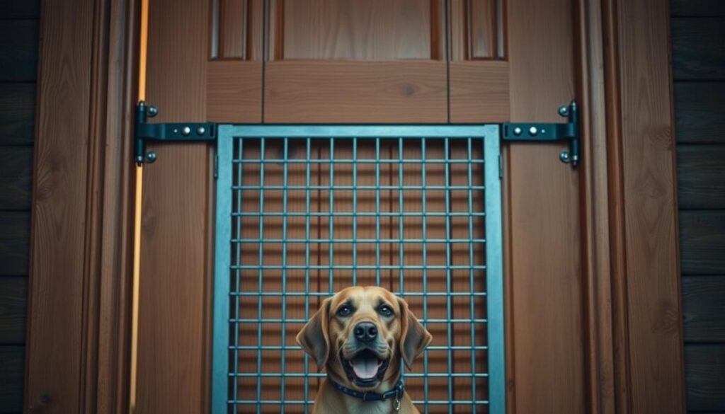 A sturdy wooden door, its surface adorned with a protective metal grate, standing as a formidable barrier against the curious, playful paws of a loyal canine companion. The door frame is reinforced with heavy-duty hardware, ensuring a secure fit that denies even the most determined pet's attempts to gain entry. Soft, muted lighting from above casts a warm, inviting glow, complementing the natural tones of the wood and metal elements. The overall scene conveys a sense of safety and security, effectively safeguarding the home from any canine-related incursions. A sturdy wooden door, its surface adorned with a protective metal grate, standing as a formidable barrier against the curious, playful paws of a loyal canine companion. The door frame is reinforced with heavy-duty hardware, ensuring a secure fit that denies even the most determined pet's attempts to gain entry. Soft, muted lighting from above casts a warm, inviting glow, complementing the natural tones of the wood and metal elements. The overall scene conveys a sense of safety and security, effectively safeguarding the home from any canine-related incursions.
