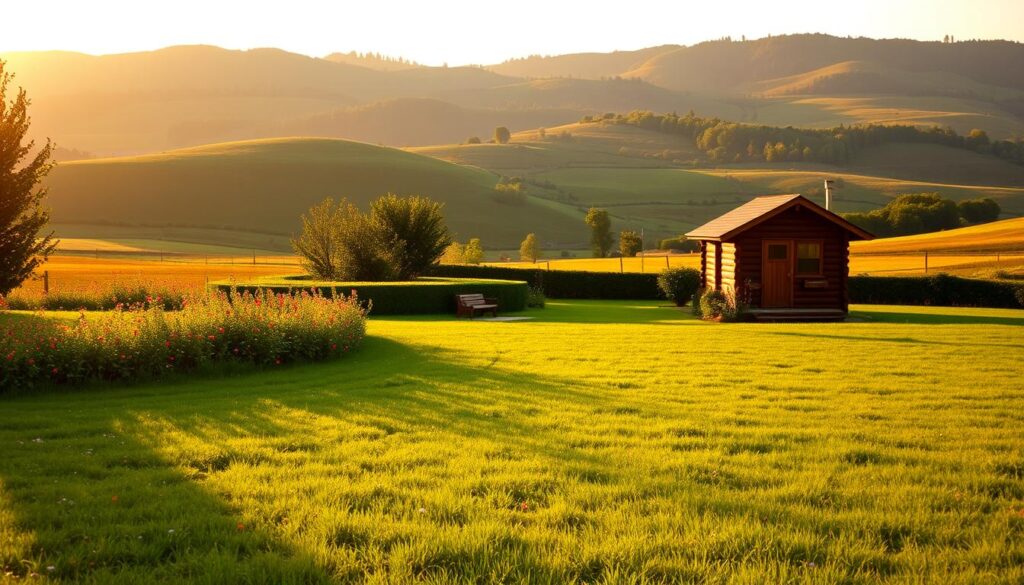 A tranquil scene of a well-manicured recreational plot, bathed in warm, golden afternoon light. The foreground is dominated by a lush, verdant lawn, dotted with vibrant wildflowers. In the middle ground, a quaint, wooden cabin stands, its rustic charm complemented by a neatly trimmed hedge and a small garden. The background features rolling hills, covered in a patchwork of trees and meadows, conveying a sense of peaceful seclusion. The overall atmosphere is one of serene relaxation, underscoring the legal regulations governing the use and management of recreational land. A tranquil scene of a well-manicured recreational plot, bathed in warm, golden afternoon light. The foreground is dominated by a lush, verdant lawn, dotted with vibrant wildflowers. In the middle ground, a quaint, wooden cabin stands, its rustic charm complemented by a neatly trimmed hedge and a small garden. The background features rolling hills, covered in a patchwork of trees and meadows, conveying a sense of peaceful seclusion. The overall atmosphere is one of serene relaxation, underscoring the legal regulations governing the use and management of recreational land.