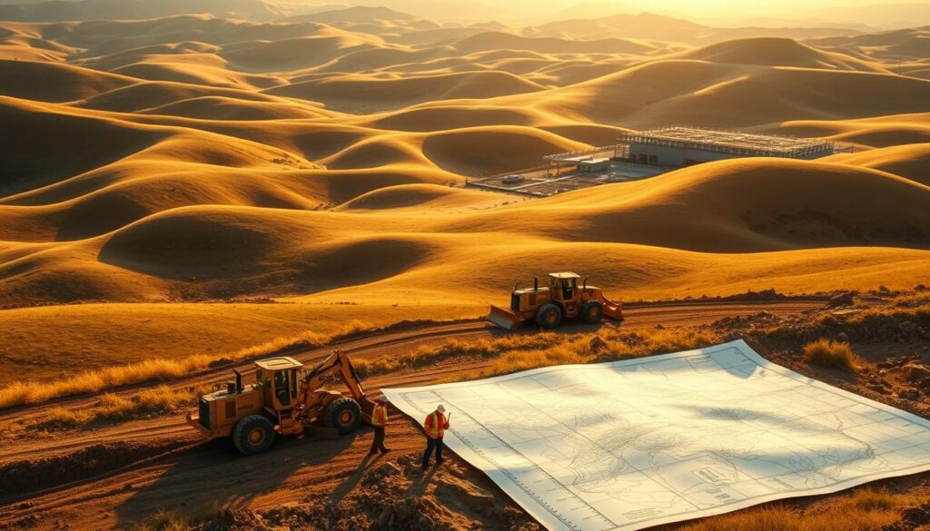 A vast landscape of rolling hills and gentle slopes, bathed in warm, golden sunlight. In the foreground, a team of construction workers expertly wield a variety of heavy machinery, including bulldozers, excavators, and graders, skillfully manipulating the terrain. The middle ground reveals a detailed topographic map, annotated with precise measurements and elevation data, guiding the team's precise leveling efforts. In the background, a modern construction site emerges, with the foundations of a new building taking shape, testament to the transformative power of careful land grading and site preparation. The scene exudes a sense of efficient, well-coordinated technical expertise, with every detail meticulously planned and executed to create the ideal building foundation.