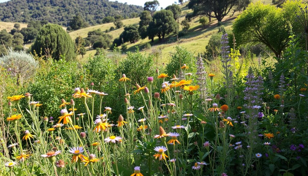A vibrant outdoor scene showcasing a lush, verdant garden filled with an abundance of local flora. In the foreground, delicate wildflowers and herbs sway gently in a soft breeze, their vibrant hues and intricate textures capturing the eye. In the middle ground, a diverse array of indigenous shrubs and small trees provide a sense of depth and layering, their foliage casting dappled shadows across the scene. In the background, a rolling hillside dotted with mature native trees frames the composition, creating a sense of depth and tranquility. The lighting is soft and natural, highlighting the organic beauty of the plants and their harmonious integration within the local ecosystem. The overall atmosphere conveys a sense of harmony, balance, and the importance of preserving and celebrating local, environmentally-friendly flora.