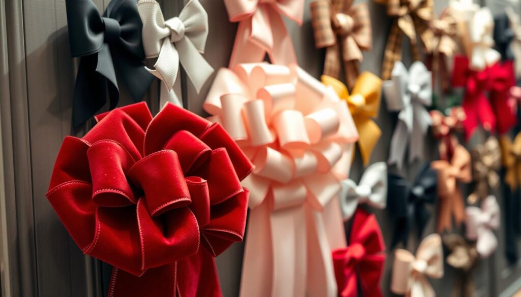 A visually striking display of elegant door bows, each meticulously crafted to celebrate a distinct occasion. In the foreground, a lush, velvet-like red bow adorned with golden accents, exuding a sense of warmth and festivity. In the middle ground, a delicate pastel-hued bow, its silky ribbons cascading gracefully, conveying a gentle, romantic mood. In the background, a series of diverse bows in various colors and patterns, from vibrant seasonal hues to classic black and white, showcasing the versatility of this timeless decorative element. Soft, diffused lighting casts a subtle glow, accentuating the dimensional textures and creating an inviting, elegant atmosphere.