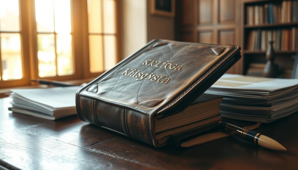 A weathered leather-bound book, its spine embossed with the words "Księga Wieczysta", rests on a polished wooden table. Sunlight streams through tall windows, casting a warm glow on the book's aged pages. Alongside it, a quill pen and a stack of official-looking documents suggest the book's role in property ownership identification. The scene conveys a sense of authority, history, and the legal significance of this ancestral record of land and property rights.