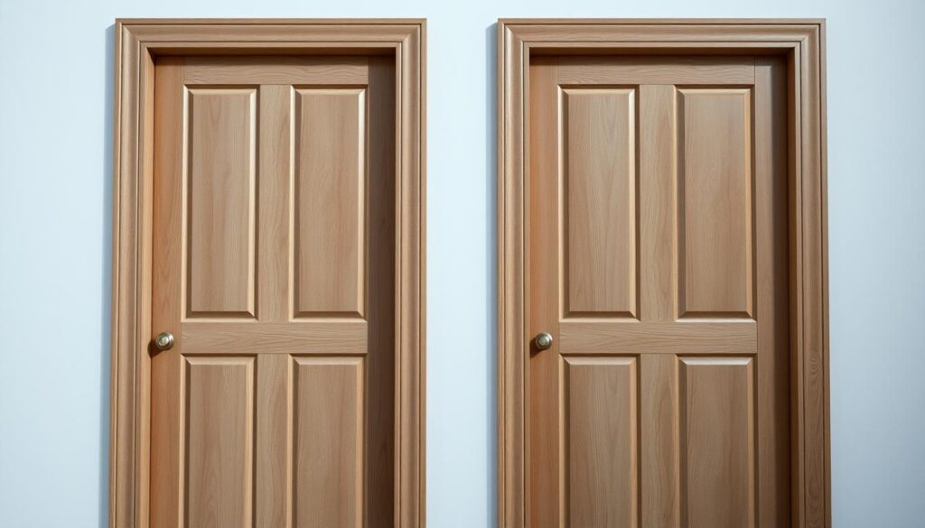 A well-lit, close-up view of a pair of wooden doors, one positioned to the left and the other to the right. The doors have a classic, slightly weathered appearance, with subtle grain patterns and a muted, earthy color palette. The lighting casts soft, directional shadows, highlighting the three-dimensional depth and textures of the wood. The focus is sharp, drawing the viewer's attention to the distinct differences in the orientation and placement of the two doors, emphasizing the core concept of "right" and "left". The overall mood is one of clarity and simplicity, allowing the structural details of the doors to take center stage.