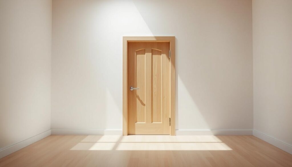 A well-lit interior space with a wooden door in the center. The door has a clear handle and hinges, allowing the viewer to easily determine the direction of the opening. The surroundings are simple and minimalist, with clean lines and neutral tones, placing the focus on the door and its opening mechanism. The lighting is soft and natural, casting subtle shadows that accentuate the door's details. The camera angle is slightly elevated, providing a clear and unobstructed view of the door's construction and operation. The overall atmosphere is calm and informative, inviting the viewer to closely examine the door and understand how to identify its opening direction.