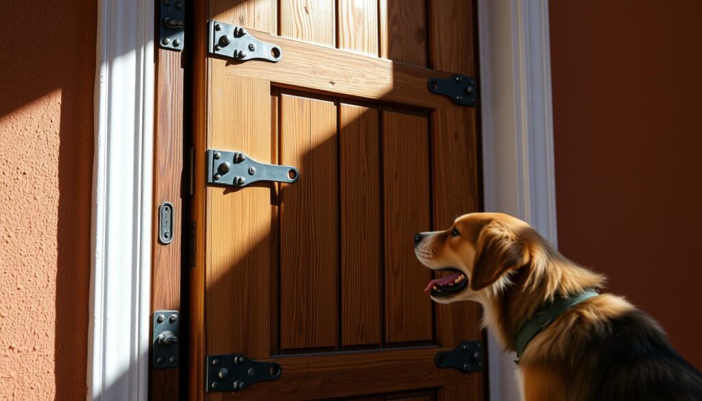 A wooden door with sturdy metal reinforcements, protecting it from the relentless paws and teeth of a mischievous canine. The door is set against a warm, earthy-toned backdrop, casting a subtle shadow that adds depth and texture to the scene. Bright, diffused lighting illuminates the details, highlighting the rugged hardware and the grain of the wood. The angle showcases the door's resilience, conveying a sense of security and the importance of safeguarding one's home from the curious explorations of a furry, four-legged companion. A wooden door with sturdy metal reinforcements, protecting it from the relentless paws and teeth of a mischievous canine. The door is set against a warm, earthy-toned backdrop, casting a subtle shadow that adds depth and texture to the scene. Bright, diffused lighting illuminates the details, highlighting the rugged hardware and the grain of the wood. The angle showcases the door's resilience, conveying a sense of security and the importance of safeguarding one's home from the curious explorations of a furry, four-legged companion.