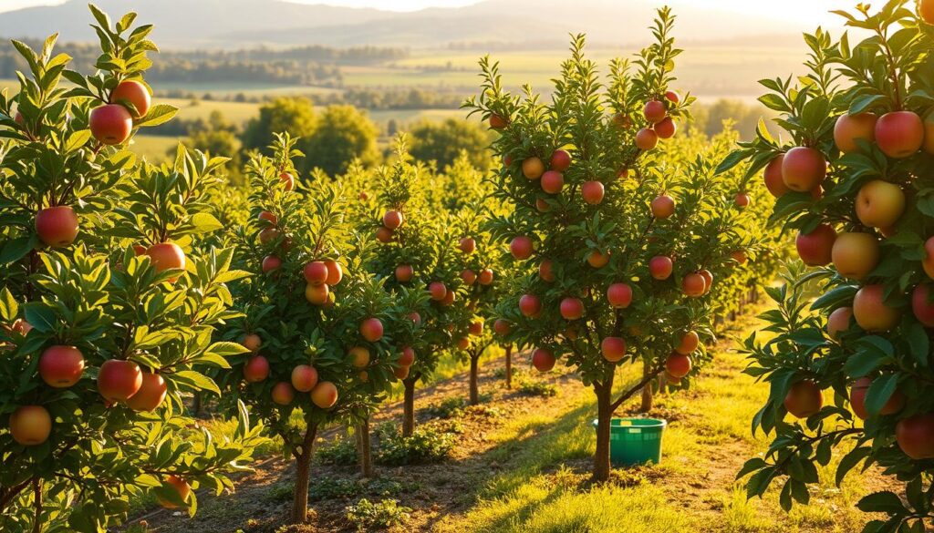 An orchard of vibrant apple trees, their lush foliage and ripe fruit bathed in the golden glow of a warm afternoon sun. In the foreground, several distinct apple tree varieties stand prominently, their unique leaf shapes and fruit colors showcased. The middle ground reveals a well-tended garden bed, complementing the trees. In the distance, a picturesque rural landscape unfolds, hinting at the ideal setting for a thriving apple orchard. The scene exudes a sense of natural abundance and the promise of bountiful harvests, perfectly capturing the essence of choosing the right apple tree varieties for a backyard or small-scale orchard.