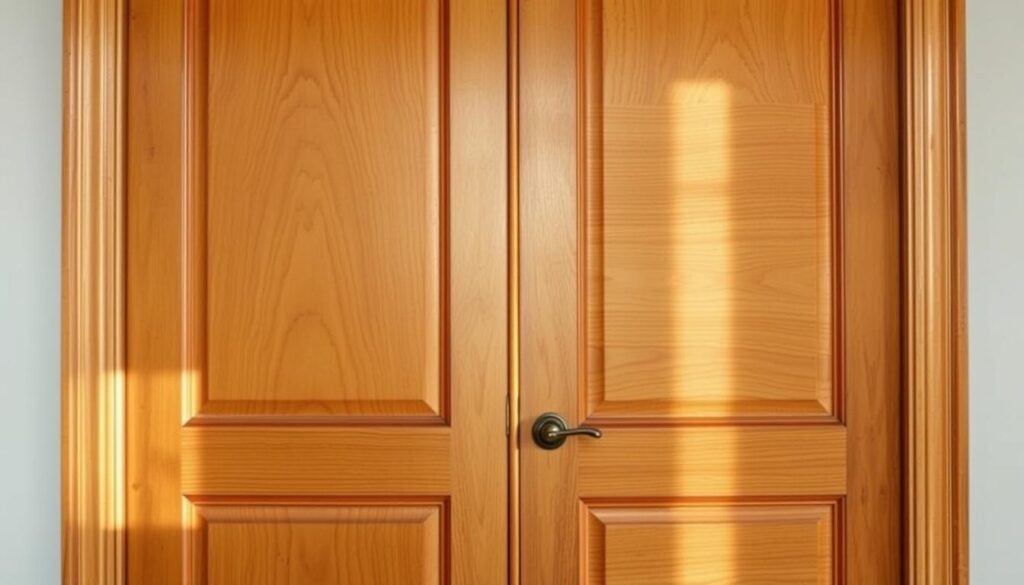 Detailed close-up of a pair of beautifully restored wooden doors, showcasing the intricate grain and natural texture of the wood. Soft, warm lighting accentuates the rich, honey-toned hues, casting gentle shadows that highlight the carefully sanded and varnished surface. The doors are set against a neutral, minimalist background, allowing the craftsmanship and character of the wood to take center stage. The image conveys a sense of timeless elegance and the successful revitalization of a cherished, vintage architectural element.