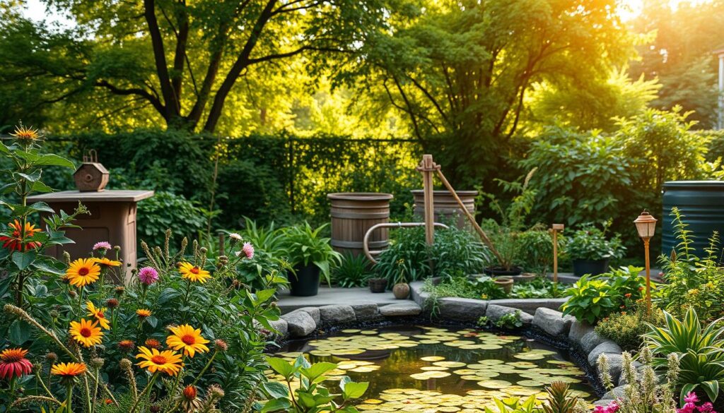 Lush, thriving garden showcasing the principles of sustainable development. In the foreground, diverse flora and fauna coexist harmoniously - pollinator-friendly flowers, vegetable beds, and a small pond teeming with life. The middle ground features a compost bin and a rain barrel, demonstrating eco-friendly gardening practices. In the background, a verdant canopy of trees and shrubs creates a natural, tranquil atmosphere. Warm, diffused sunlight filters through, illuminating the scene with a soft, golden glow. The overall composition conveys a sense of balance, efficiency, and environmental stewardship within the garden setting.