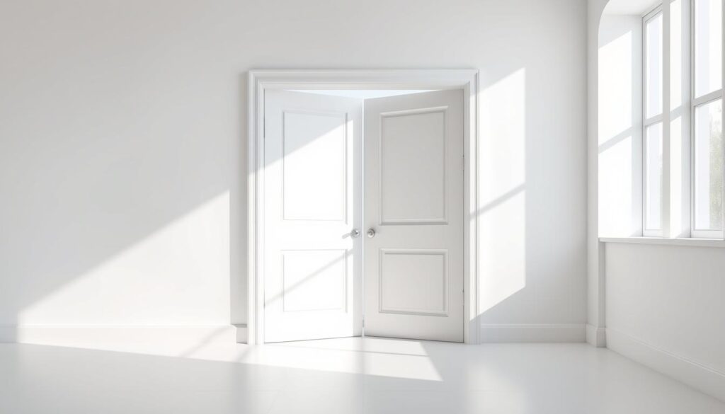 A bright, airy room with pristine white walls. In the foreground, a pair of simple, elegant white doors stand open, their clean lines and minimalist design creating a sense of purity and tranquility. The doors are framed by a neutral, understated color scheme, allowing the architectural elements to take center stage. Soft, diffuse natural light floods the space, casting gentle shadows and highlights that accentuate the doors' subtle textures and surfaces. The overall atmosphere is one of serene sophistication, highlighting the beauty of clean, uncluttered design.