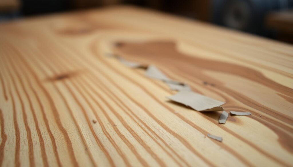 A close-up shot of a wooden door surface, capturing the intricate texture and condition of the veneer. The lighting is soft and diffused, highlighting the subtle variations in color and grain patterns. The focus is on a specific area of the door, revealing signs of wear, damage, or peeling veneer. The background is blurred, drawing the viewer's attention to the detailed examination of the door's surface. The overall mood is one of careful inspection and assessment, setting the stage for the subsequent repair process.