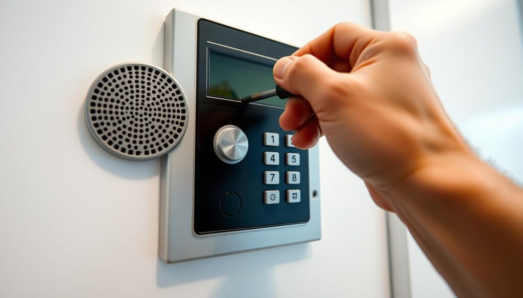 A close-up view of a person's hand using a screwdriver to open a door intercom panel mounted on a white wall. The panel has a speaker, a button, and a number pad. Bright, even lighting illuminates the scene, creating a crisp, technical atmosphere. The camera angle is slightly above, providing a clear, unobstructed view of the process. The person's hand is positioned with care, showcasing the delicate, precise motions required to access the intercom mechanism in an emergency situation. The overall composition emphasizes the practical, problem-solving nature of the task at hand.