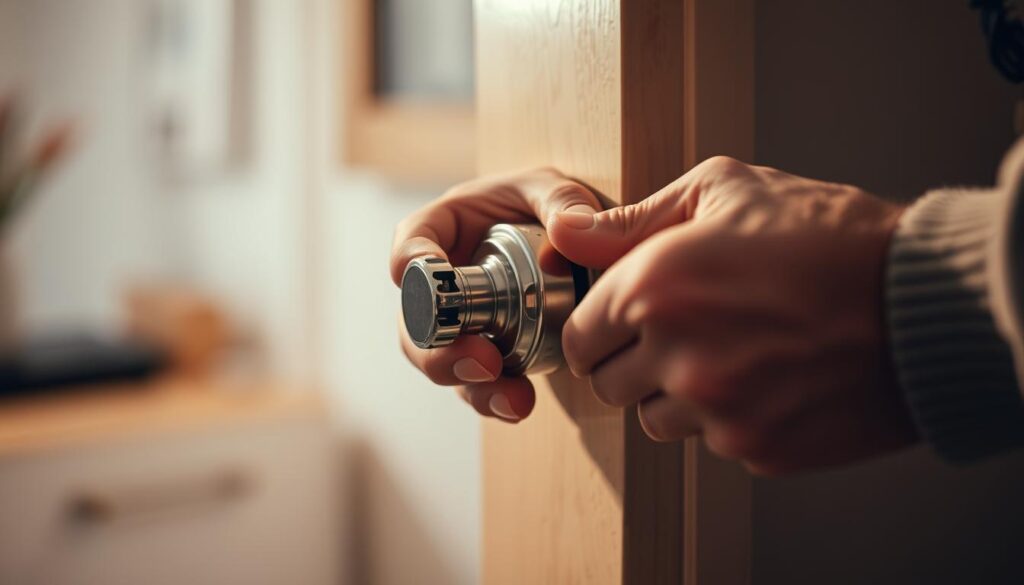 A close-up view of a person's hands replacing a door handle, showcasing the process step-by-step. The focus is on the intricate mechanics of the handle, with a soft, warm lighting illuminating the scene. The background is blurred, keeping the attention on the detailed work. The overall mood is one of helpfulness and practicality, inviting the viewer to engage with the task at hand. Subtle shadows and highlights add depth and dimension to the image, capturing the tactile nature of the activity. A close-up view of a person's hands replacing a door handle, showcasing the process step-by-step. The focus is on the intricate mechanics of the handle, with a soft, warm lighting illuminating the scene. The background is blurred, keeping the attention on the detailed work. The overall mood is one of helpfulness and practicality, inviting the viewer to engage with the task at hand. Subtle shadows and highlights add depth and dimension to the image, capturing the tactile nature of the activity.