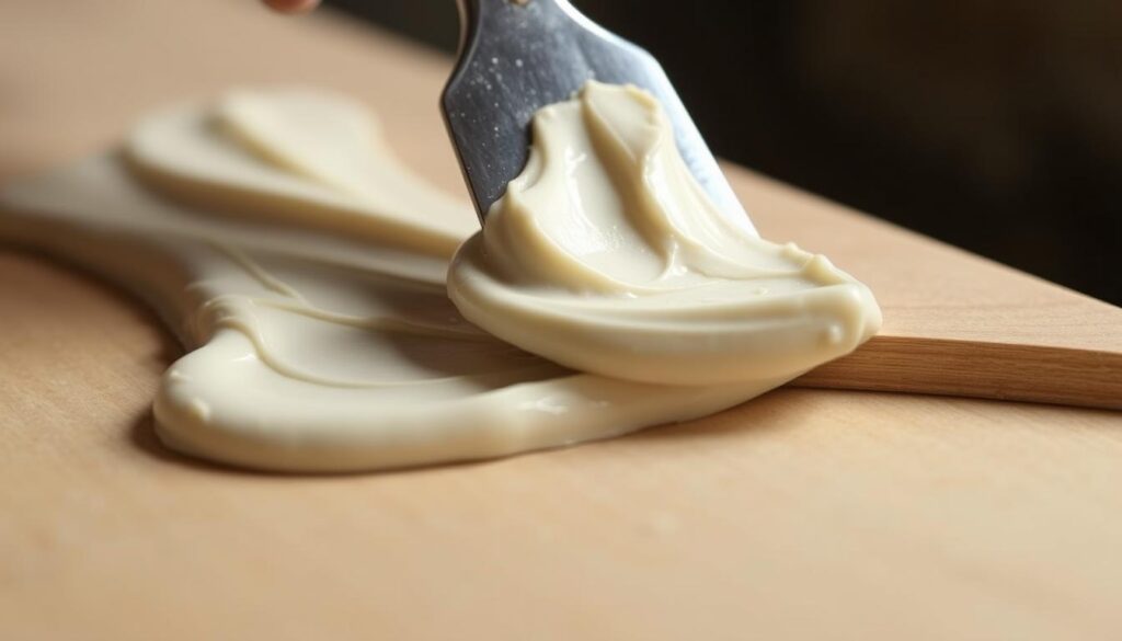 A close-up view of a smooth, creamy-white filler paste, known as "masa szpachlowa," being carefully applied to a wooden surface with a metal putty knife. The paste has a thick, spreadable consistency, glistening under soft, diffused lighting that casts gentle shadows, revealing its texture and depth. The application is meticulous, with the knife gliding across the surface, leaving a seamless, uniform layer ready for sanding and refinishing. The scene conveys a sense of precision, patience, and the skilled craftsmanship required to properly prepare a surface for a flawless finish.