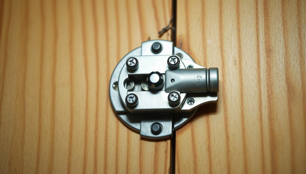 A close-up view of a wooden door with a metal lock mechanism in the center. The lock is partially disassembled, with screws and components visible. The lighting is bright and evenly distributed, illuminating the intricate details of the lock mechanism. The image is shot from a slightly angled perspective, providing a clear and detailed view of the lock's inner workings. The overall mood is one of technical focus and problem-solving, conveying the process of removing the lock from the door.