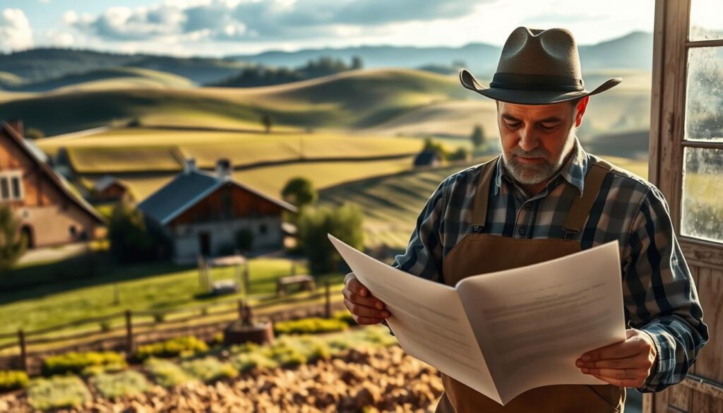 A countryside landscape with a farmhouse and rolling hills in the background. In the foreground, a farmer is carefully reviewing legal documents related to the purchase of an agricultural plot of land. Sunlight streams through the windows, casting a warm glow on the scene. The image conveys the formal, yet practical, nature of the land acquisition process. The overall tone is one of diligence and care, reflecting the importance of the transaction. A sense of tranquility and order pervades the scene, with attention to detail in the architectural elements and the farmer's posture. This image visually represents the "Procedura zakupu działki rolniczej" section of the article.