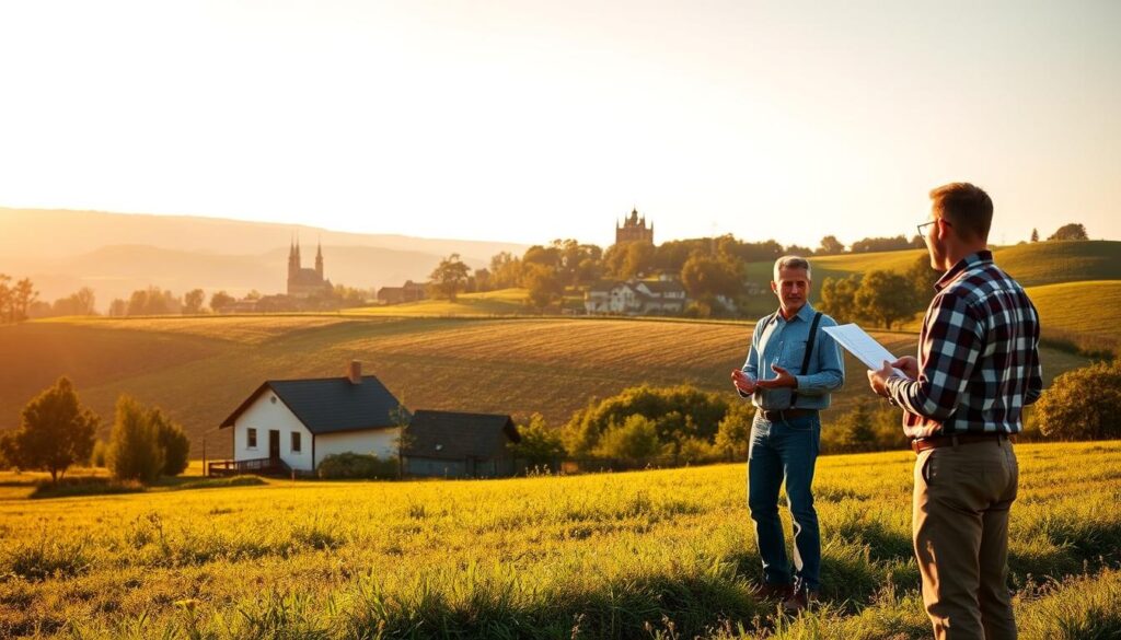 A countryside landscape with a small farmhouse, surrounded by rolling hills and lush greenery. In the foreground, a farmer stands, holding documents and contemplating the sale of his land. In the middle ground, a real estate agent gestures, discussing the transaction. The background features a distant village, with church steeples peeking through the trees. The scene is bathed in warm, golden light, creating a sense of tranquility and reflection on the decision at hand. The composition emphasizes the contrast between the farmer's personal connection to the land and the business aspects of the sale, capturing the essence of the "Podatek rolny vs. podatek od sprzedaży działki – różnice i obowiązki" topic.