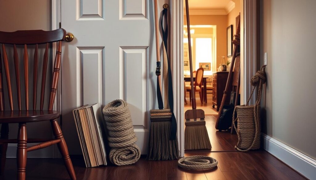 A cozy interior scene showcasing everyday household objects used to secure a door without a lock. In the foreground, a wooden chair, a thick book, and a rolled-up towel are strategically placed against the door. The middle ground features a sturdy broom, a belt, and a bundle of ropes, all ready to improvise a makeshift latch. The background reveals a well-lit room with warm lighting, wooden floors, and neutral-toned walls, creating a homely atmosphere. The scene conveys the resourcefulness and ingenuity of finding practical solutions to everyday problems. A cozy interior scene showcasing everyday household objects used to secure a door without a lock. In the foreground, a wooden chair, a thick book, and a rolled-up towel are strategically placed against the door. The middle ground features a sturdy broom, a belt, and a bundle of ropes, all ready to improvise a makeshift latch. The background reveals a well-lit room with warm lighting, wooden floors, and neutral-toned walls, creating a homely atmosphere. The scene conveys the resourcefulness and ingenuity of finding practical solutions to everyday problems.
