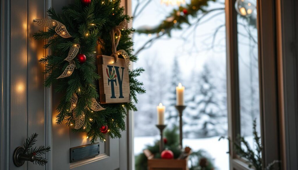 A cozy, welcoming entryway adorned with a beautiful DIY door decoration. In the foreground, a handcrafted evergreen wreath, its lush branches interwoven with delicate fairy lights, casting a warm, inviting glow. Hanging from the door, a rustic wooden sign with hand-painted holiday motifs. In the middle ground, a pair of tall, decorative candles flickering softly, their flames dancing in the gentle breeze. The background features a picturesque winter scene, with snow-dusted trees and a clear, starry sky, creating a serene, festive atmosphere. The lighting is soft and natural, highlighting the textures and colors of the DIY elements. The overall composition conveys a sense of cozy, homemade charm, perfectly suited for the "DIY dekoracje drzwi: proste projekty krok po kroku" section.