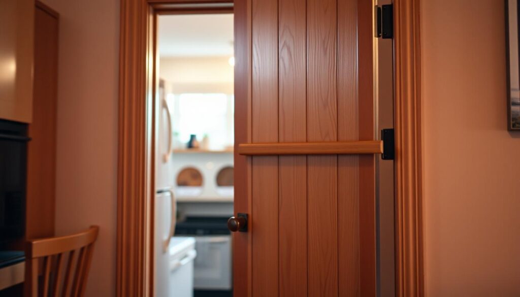 A cozy, well-lit kitchen interior with a wooden door in the foreground. The door is slightly ajar, revealing a simple yet effective DIY locking mechanism - a sturdy wooden bar or dowel that fits snugly into the door frame, securely closing the entrance. Soft, warm lighting illuminates the scene, creating a inviting and practical atmosphere. The background features minimal, uncluttered decor, allowing the door and locking solution to be the focal point. The overall composition conveys a sense of clever, budget-friendly home security. A cozy, well-lit kitchen interior with a wooden door in the foreground. The door is slightly ajar, revealing a simple yet effective DIY locking mechanism - a sturdy wooden bar or dowel that fits snugly into the door frame, securely closing the entrance. Soft, warm lighting illuminates the scene, creating a inviting and practical atmosphere. The background features minimal, uncluttered decor, allowing the door and locking solution to be the focal point. The overall composition conveys a sense of clever, budget-friendly home security.