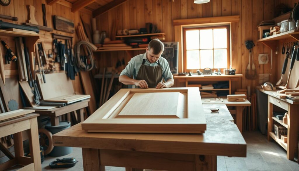 A cozy wooden workshop interior, illuminated by warm natural light streaming through a large window. In the foreground, a sturdy workbench stands, with various tools and materials neatly organized. On the workbench, an unfinished cabinet door lies, its frame and panel components carefully arranged. In the middle ground, a skilled craftsman, clad in a well-worn apron, focuses intently on measuring and marking the wood with precision. Surrounding the scene, the walls are lined with shelves filled with an array of woodworking supplies and finished projects, creating a sense of a dedicated workspace. The overall atmosphere is one of focused productivity and the satisfying creation of a handmade piece of furniture.