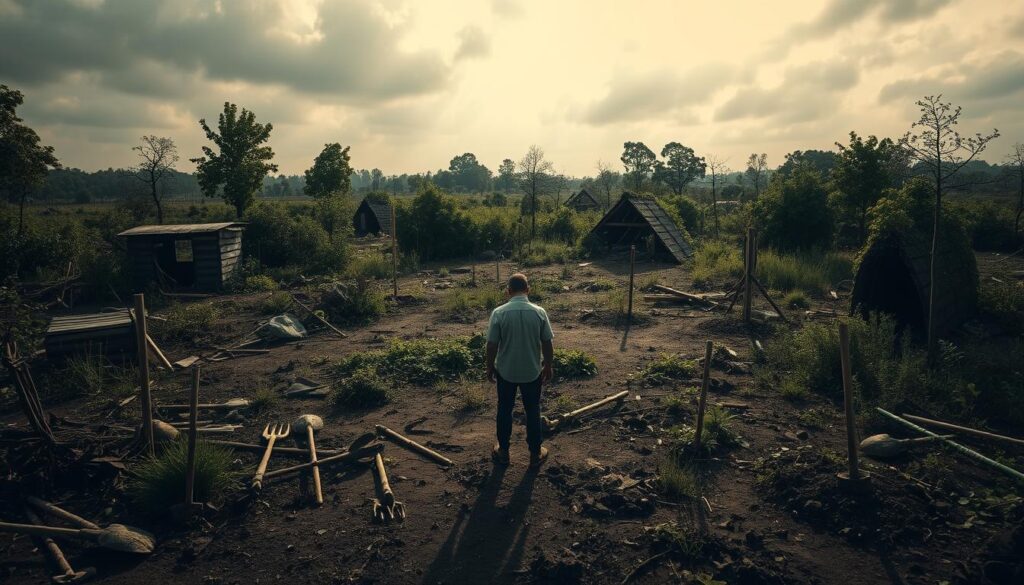 A desolate plot of land, once vibrant with lush greenery, now lies in ruin. Abandoned garden tools and decaying structures litter the scene, casting long shadows under the somber, overcast sky. The once-flourishing vegetation has withered, leaving a barren, lifeless landscape. In the foreground, a lone figure stands amidst the detritus, head bowed, symbolizing the legal and financial consequences of losing the right to this once-cherished plot. The scene conveys a sense of melancholy, loss, and the stark reality of what can happen when one's legal claim to a property is revoked. Realistic lighting and a cinematic, high-contrast composition enhance the dramatic impact of this powerful image.
